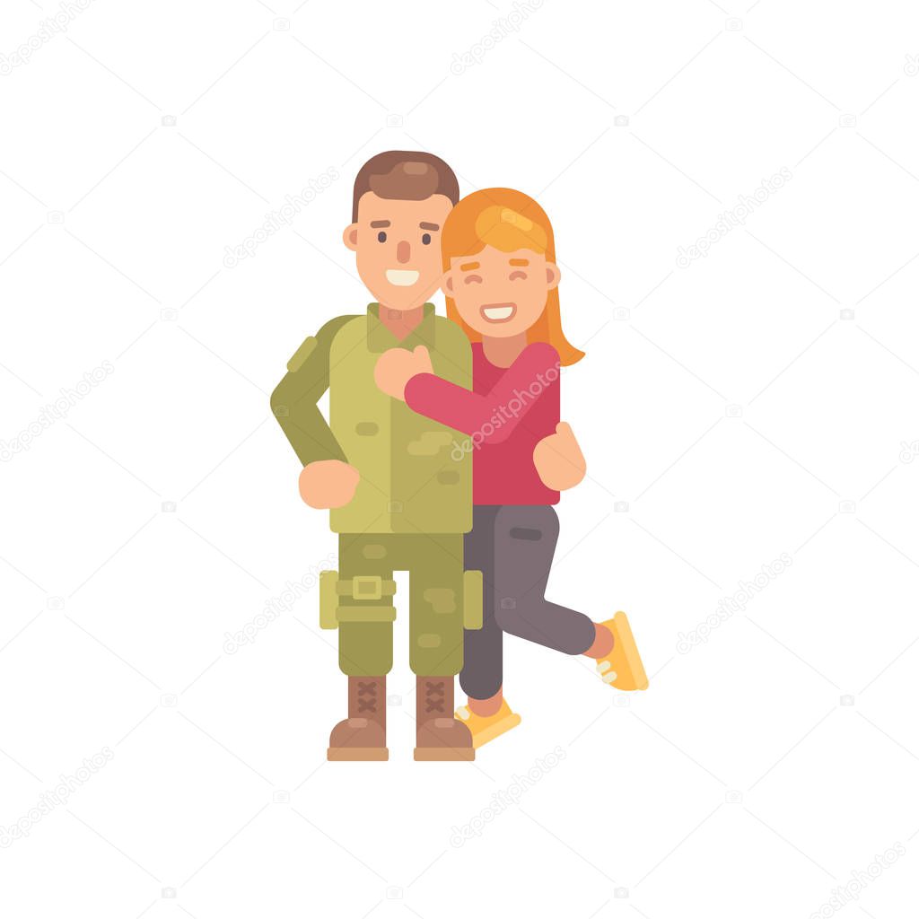 Happy girl hugging her boyfriend who returned from military service. Flat character illustration