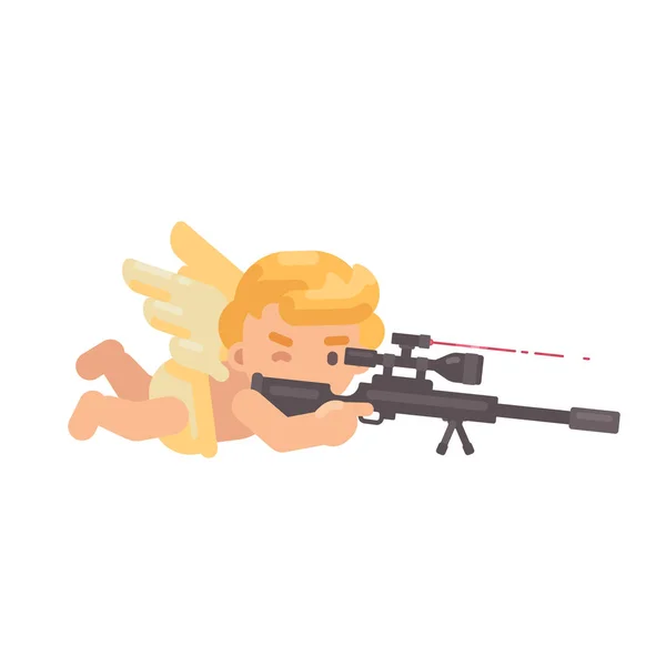 可爱的丘比特躺在射击狙击步枪。情人节平字插画 — 图库矢量图片