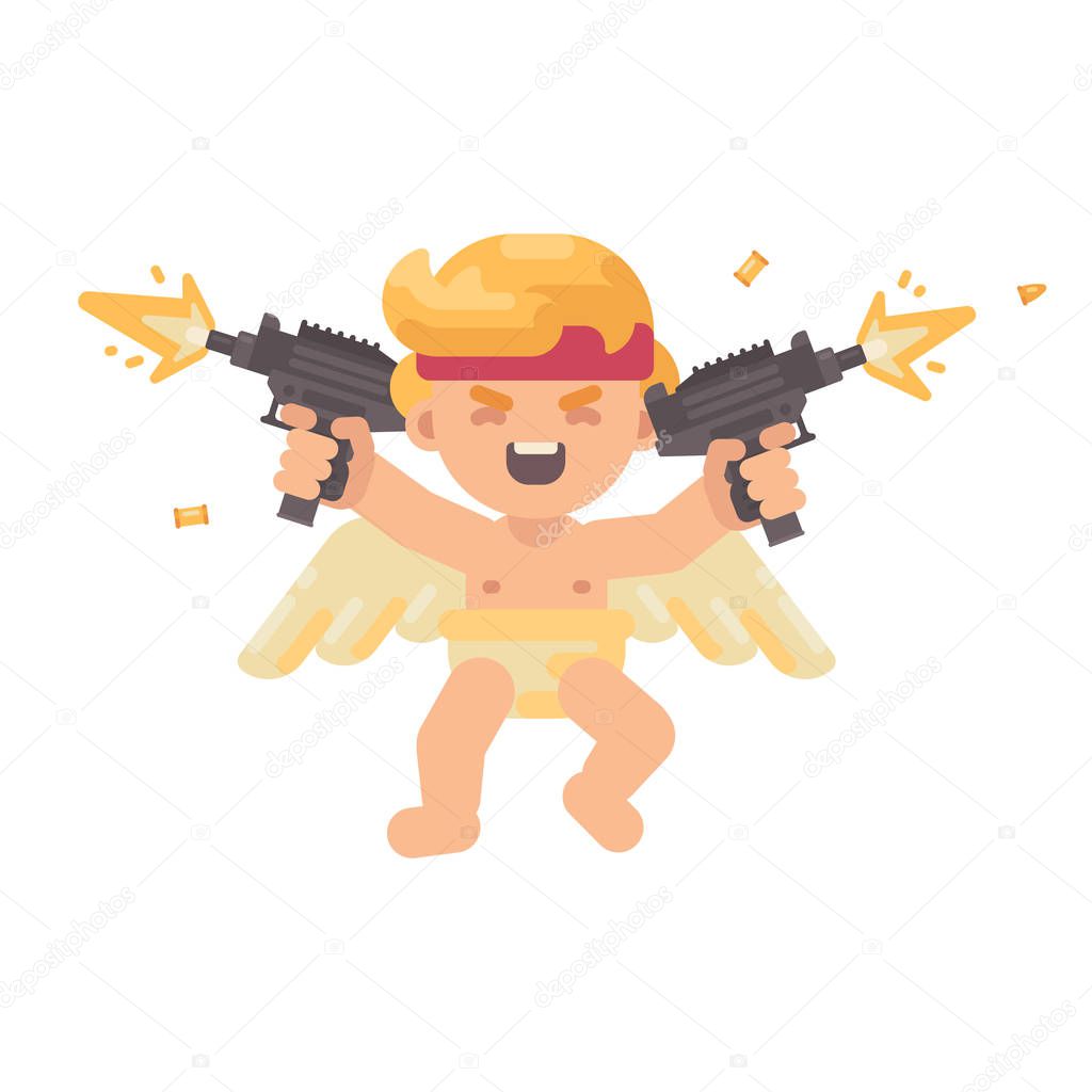 Cute cupid in a battle frenzy shooting dual uzis in all directions. Valentines Day flat character illustration