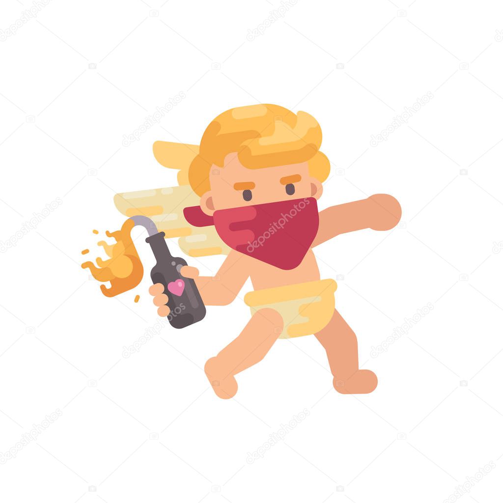 Cute rebel cupid in red face bandana throwing a Molotov cocktail. Valentines Day flat character illustration