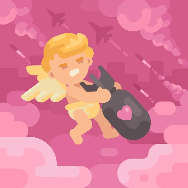 Cupido bonito arrastando uma bomba de amor pesado com aviões militares e mísseis lançando em segundo plano. Dia dos Namorados conceito ilustração plana — Vetor de Stock