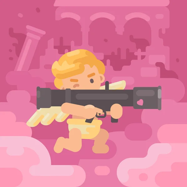 Carino Cupido sparare un bazooka tra le rovine fumanti. San Valentino biglietto di auguri illustrazione piatta — Vettoriale Stock