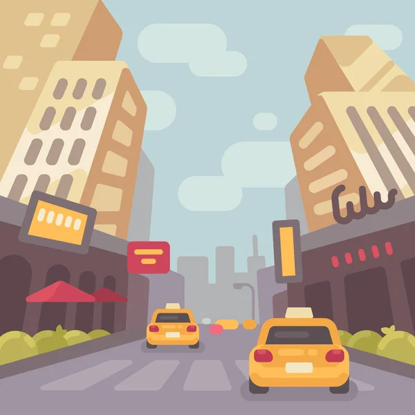 Calle de la ciudad moderna con coches de taxi y rascacielos vista de baja perspectiva. Cartel de viaje vintage ilustración plana — Archivo Imágenes Vectoriales