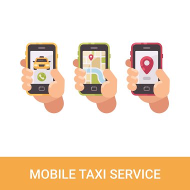 Akıllı telefonlar holding üç eller kümesi. Mobil taksi hizmeti düz simgeler