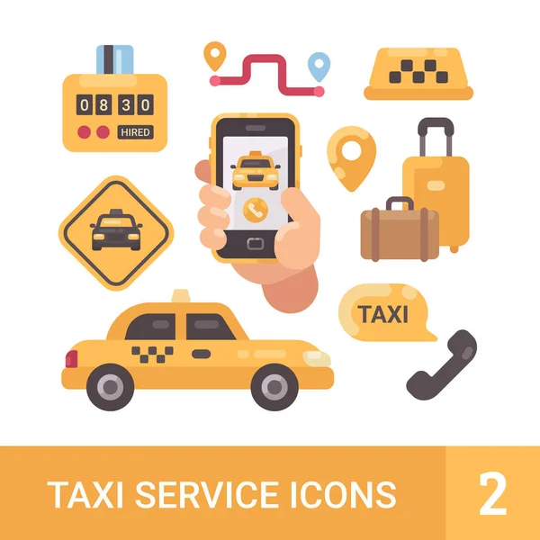 Set von Taxiservice flache Symbole. Auto, Gepäck, Taxameter, mobile App — Stockvektor