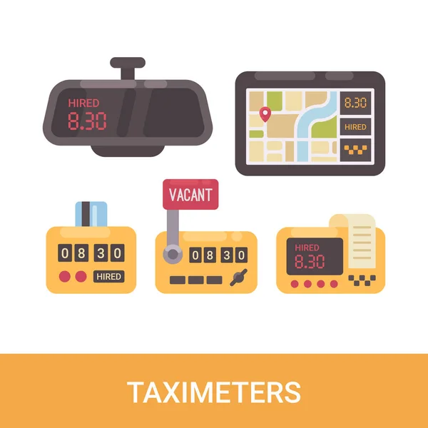 Zestaw różnych taksometrów. Taxi usługi płaskim ikony — Wektor stockowy