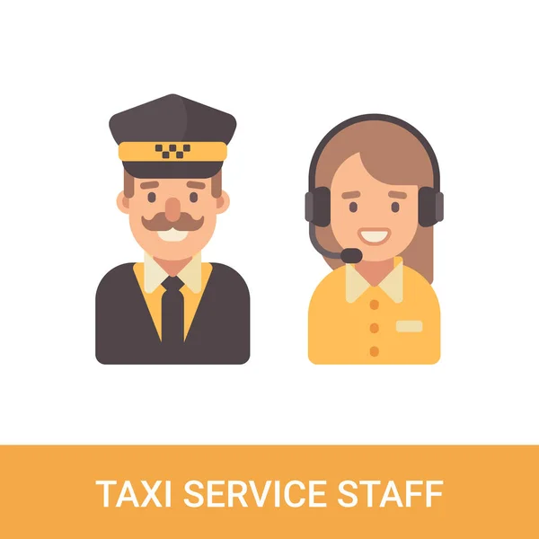 Personal de servicio de taxi personajes planos. Taxi conductor y despachador iconos planos — Vector de stock