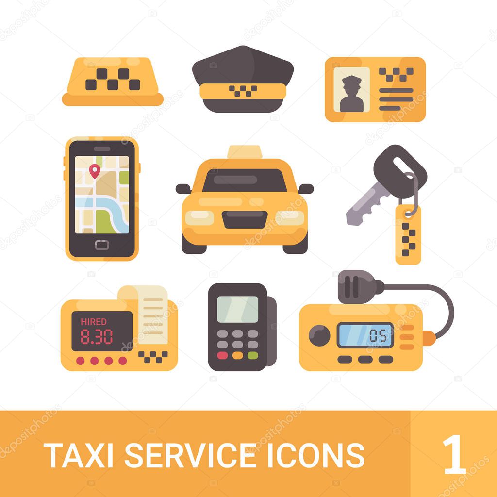 Set of taxi service flat icons. Car, taximeter, radio, mobile app, driver cap