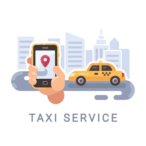 Ręka trzyma smartphone z aplikacji mobilnej usługi taksówki i samochód na drodze. Transport usługi płaskim ilustracja transparent z tekstem — Wektor stockowy