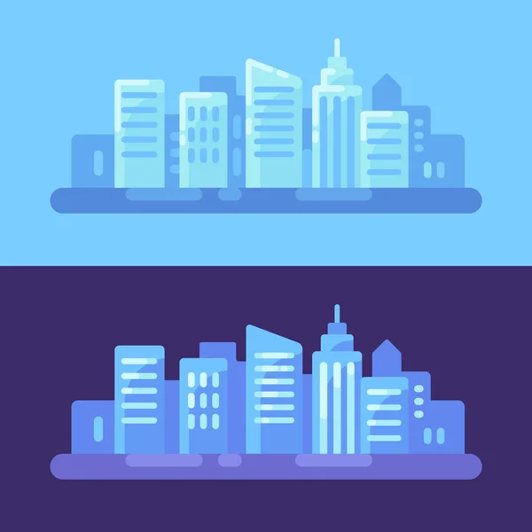 Moderne jour de la ville et fond de nuit. Bannière d'illustration plate Cityscape — Image vectorielle