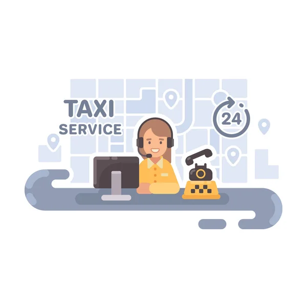 Répartiteur de taxi à son bureau. Service de taxi illustration plate — Image vectorielle