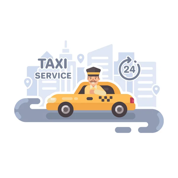 Chauffeur de taxi dans une voiture. Service de taxi illustration vectorielle plate — Image vectorielle