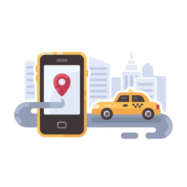 Voiture de taxi jaune sur la route avec smartphone. Mobile taxi service plat illustration bannière — Image vectorielle
