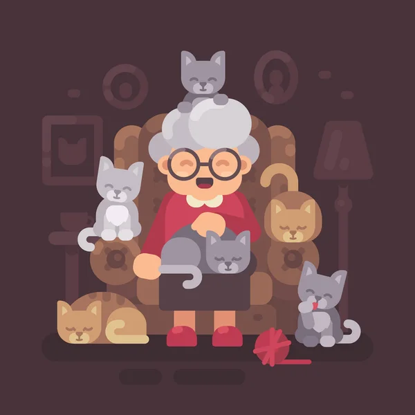 Cute granny sitting in armchair with her cats. Old cat lady with five kittens flat illustration — Stock Vector