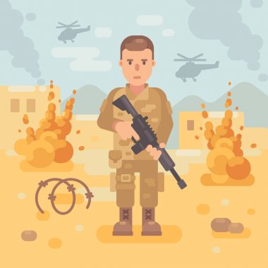 Soldier with a rifle on the battlefield flat illustration. War scene background clipart