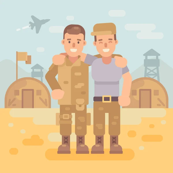 Two happy soldier friends in a military camp flat illustration. Army scene background — Stock Vector