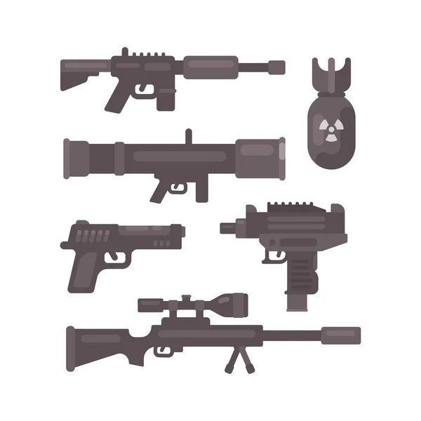 Conjunto de iconos planos de armas. Recogida de municiones militares — Vector de stock