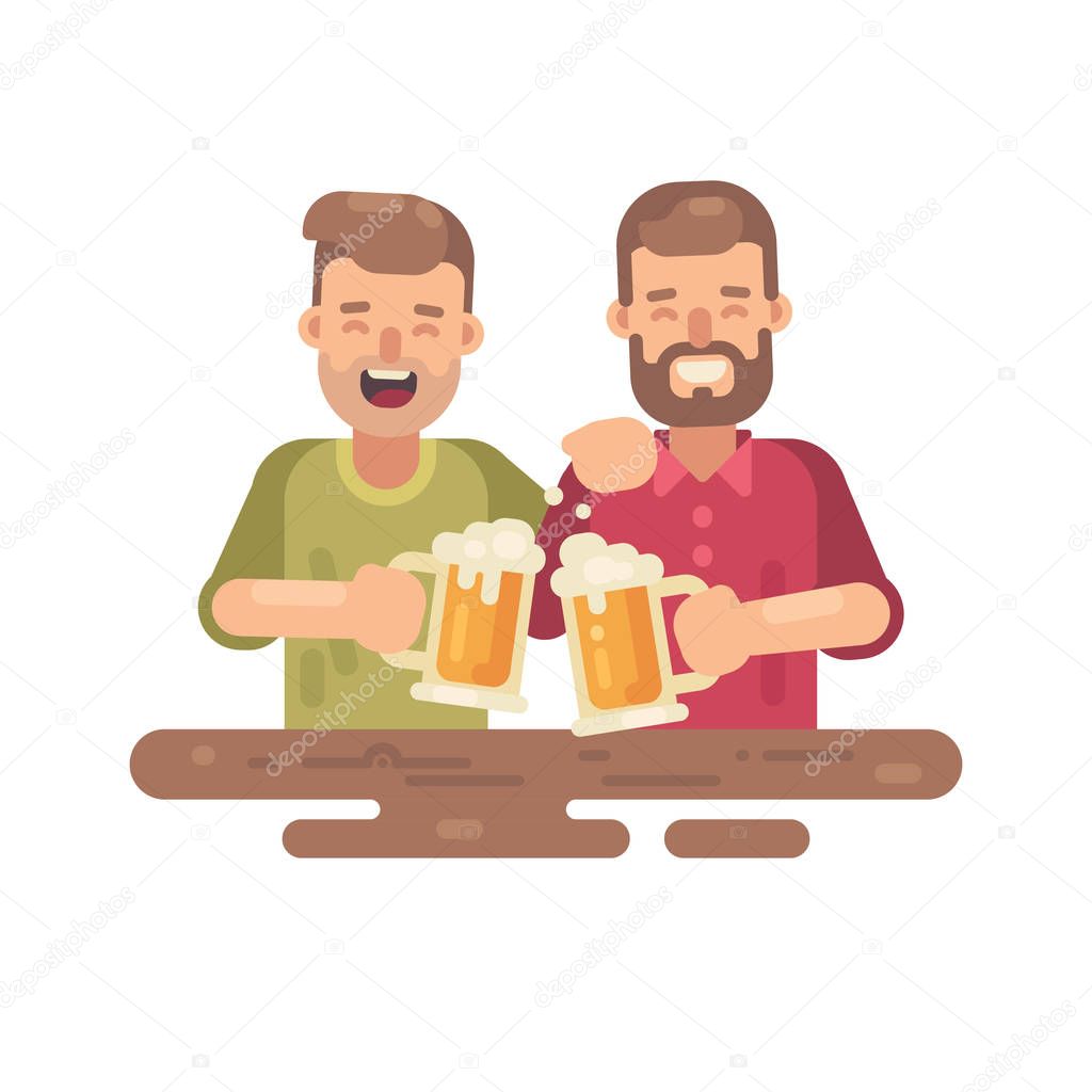 Two happy men drinking beer flat illustration on white background