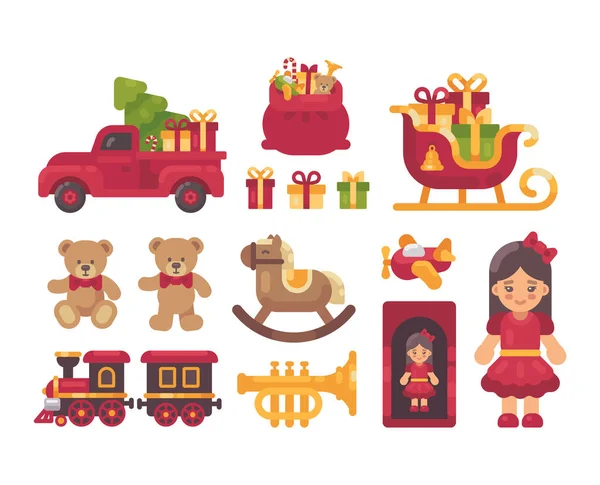 Colección de presnts de Navidad. Juguetes y regalos ilustración plana — Vector de stock