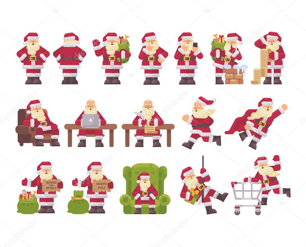 Santa Claus character collection. Christmas flat illustration