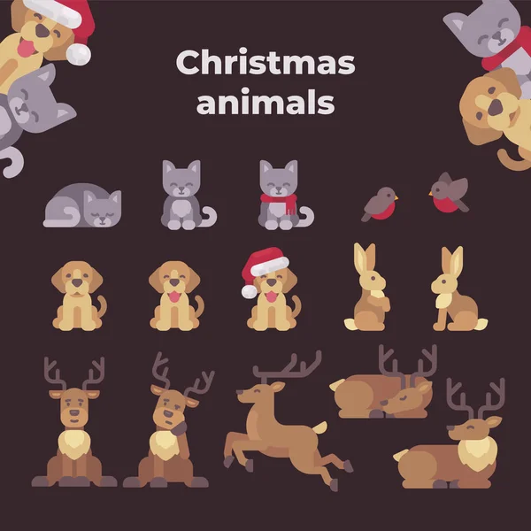 Colección de animales navideños. Animales lindos ilustración plana — Vector de stock