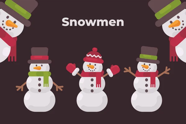 Colección de muñecos de nieve navideños. Lindos personajes de invierno plana illust — Vector de stock