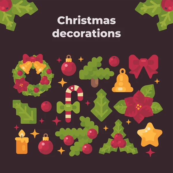 Colección de artículos navideños. Elementos decorativos vacaciones plana enferma — Vector de stock