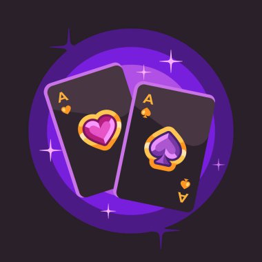 Two shiny playing card aces on purple background. Poker flat illustration clipart