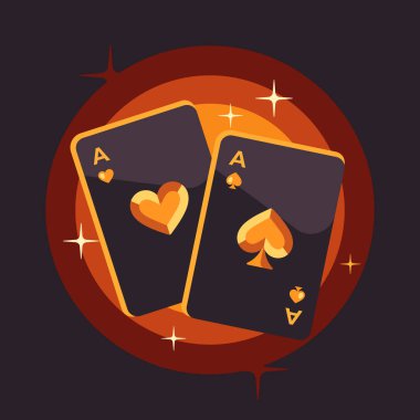 Two shiny playing card aces on gold background. Poker flat illustration clipart