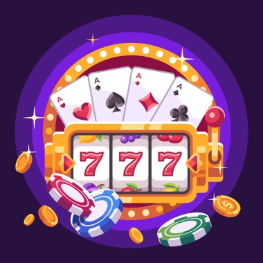 Kumar kartları, poker fişleri ve altın paraları olan kumar makinesi. Gazino düz illüstrasyon