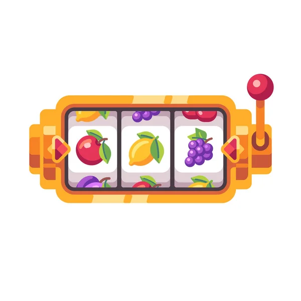 Gouden Gokautomaat Met Fruit Symbolen Casino Platte Illustratie — Stockvector