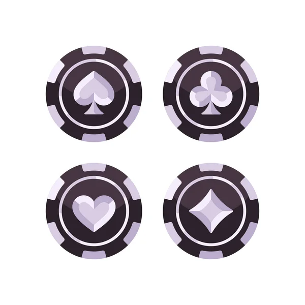 Set Van Zwarte Zilveren Poker Chips Casino Platte Illustratie — Stockvector