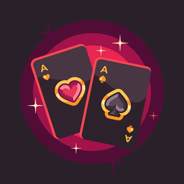 Twee Glanzende Speelkaarten Rode Achtergrond Poker Platte Illustratie — Stockvector