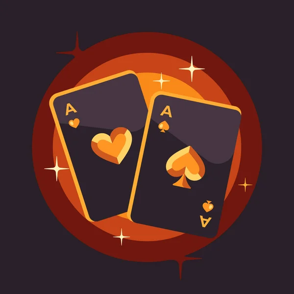 Twee Glanzende Speelkaarten Gouden Achtergrond Poker Platte Illustratie — Stockvector