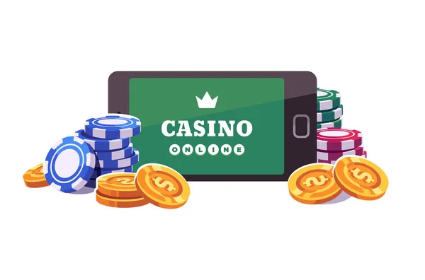 Smartphone Com Fichas Moedas Poker Jogo Slot Online Ilustração Plana — Vetor de Stock