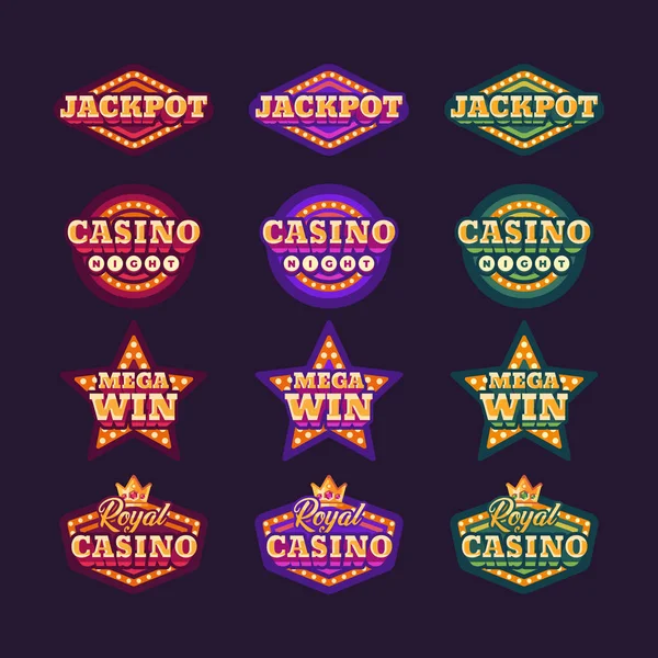 收集闪亮的红色 紫色和绿色复古赌场标志 — 图库矢量图片