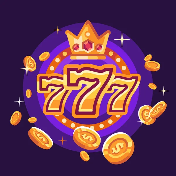 Иллюстрация Выигрыша Казино 777 Летящими Золотыми Монетами Фиолетовом Фоне — стоковый вектор