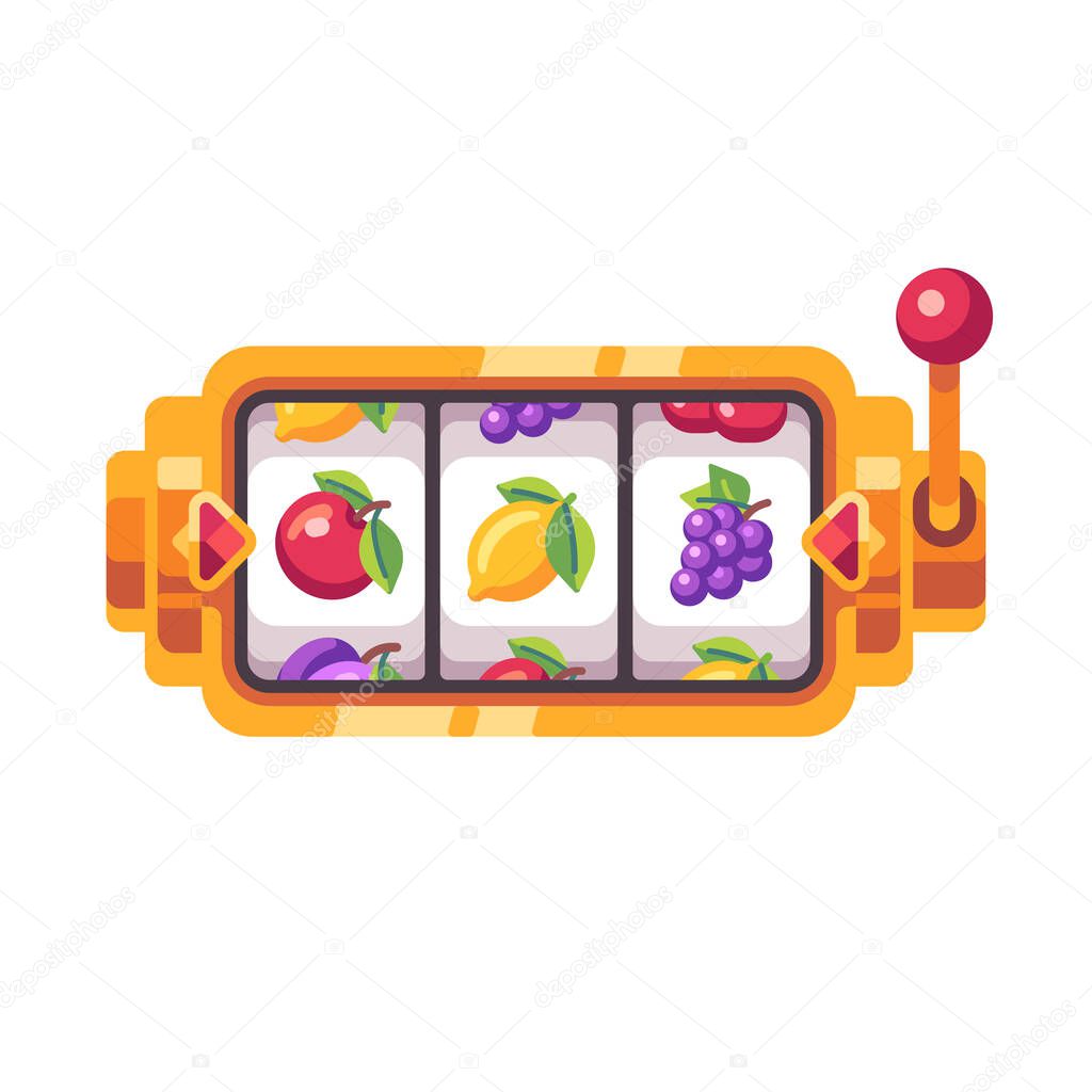 Golden slot machine with fruit symbols. Casino flat illustration