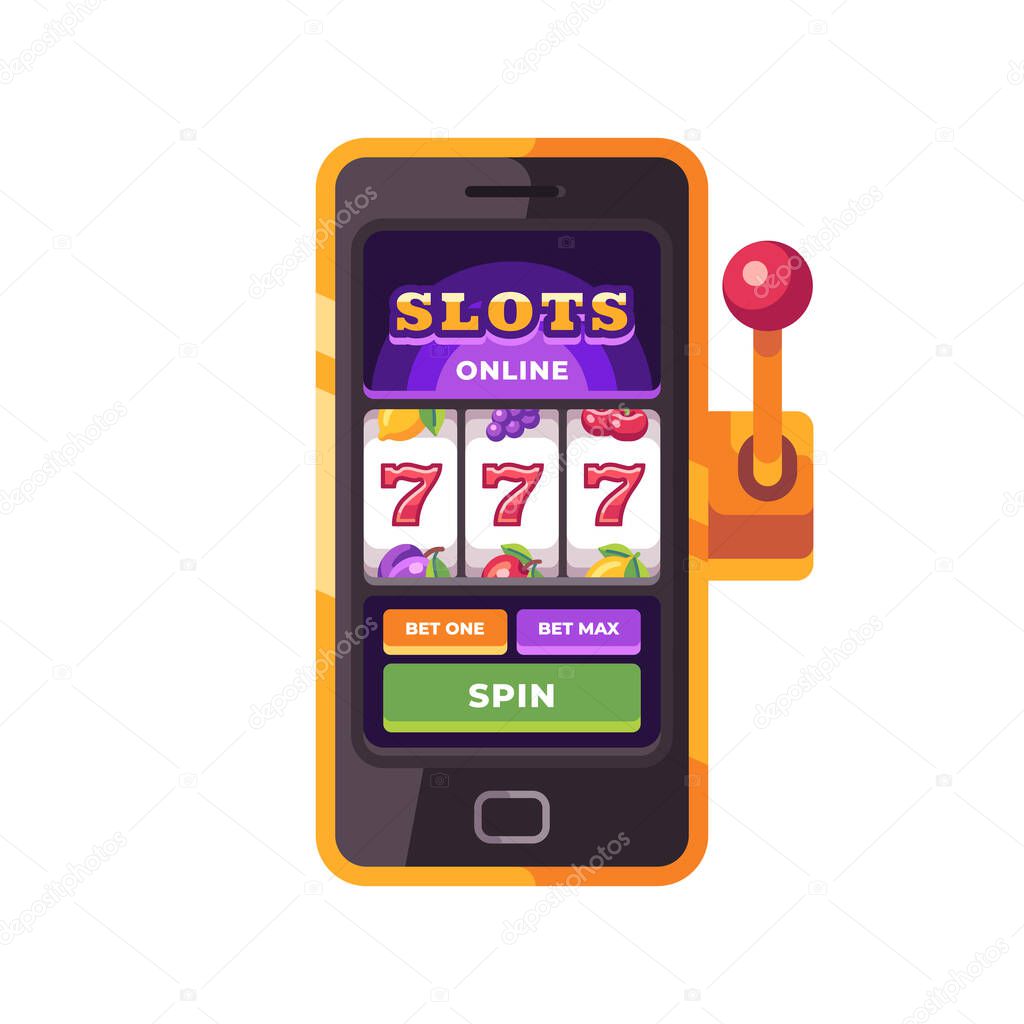 Golden smartphone with slots game on screen. Online casino flat illustration