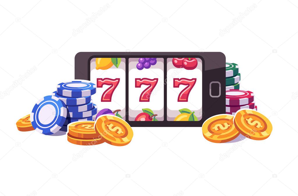 Smartphone with a slot machine and poker chips and coins. Online slot game flat illustration