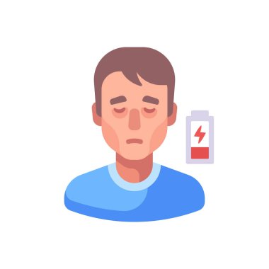 Düşük enerji ikonu. Yorgunluktan düz çizim. Yorgun ve uykulu bir adam