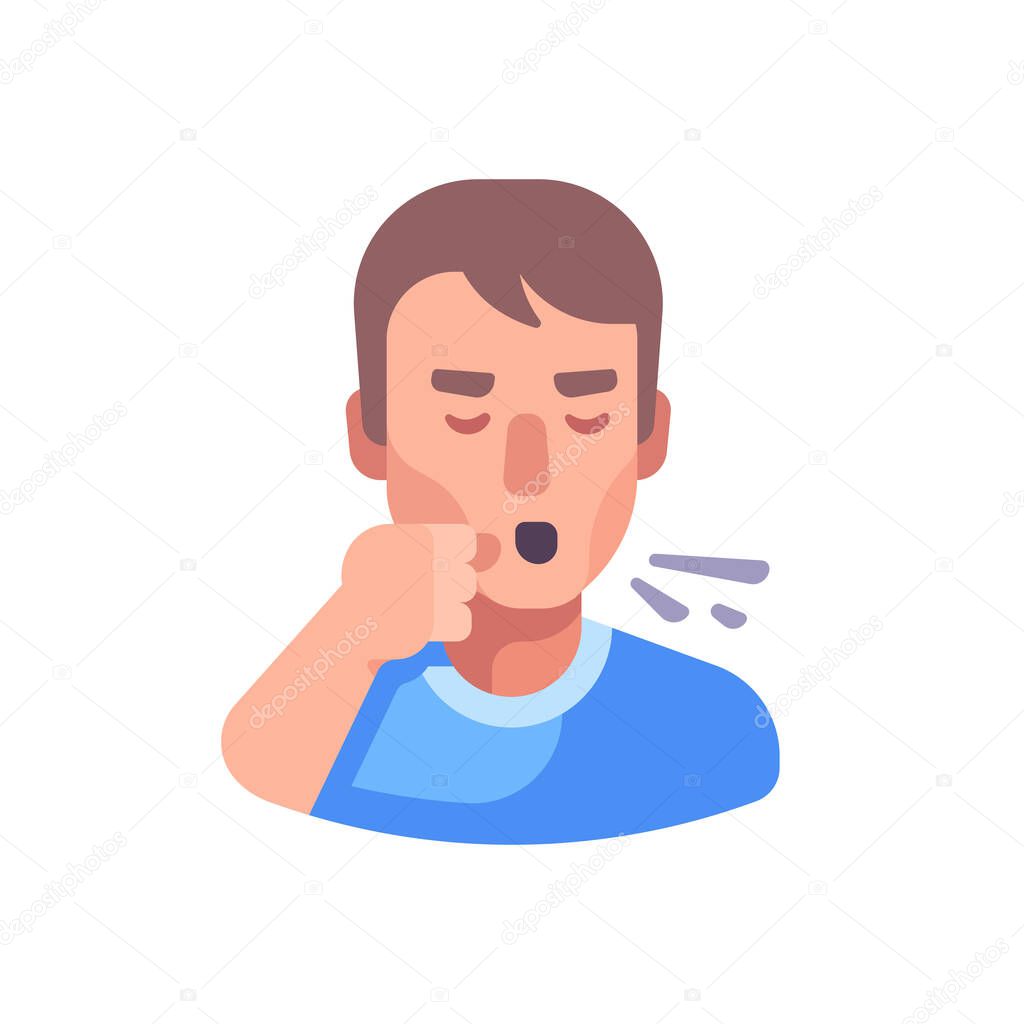 Cough flat illustration. Sick man coughing into his fist