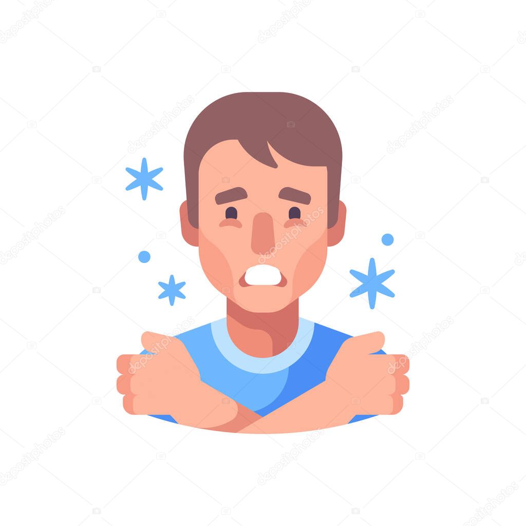 Chills flat illustration. Man feeling cold and shivering