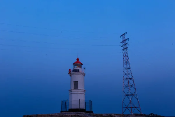 Dawn Tokarevsky Lighthouse Cartão Visita Cidade Vladivostok Primorsky Krai Rússia — Fotografia de Stock