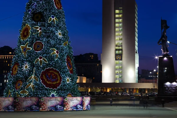 Nowy Rok Drzewa Centrum Placu Władywostoku Przygotowania Nowego Roku 2018 — Zdjęcie stockowe