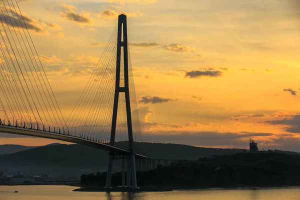 惊人的放大鸟瞰的俄国大桥 世界上最长的斜拉桥 和俄国 俄罗斯 岛在彼得大海湾在日本海 海参崴 俄罗斯 — 图库照片