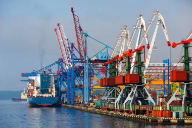 Vladivostok, Rusya - Ağustos, 2017: Vladivostok ticari liman. Vladivostok içinde konteyner terminalleri