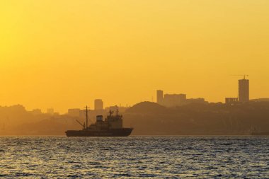 Vladivostok, Rusya, 2017: Tüccar ve savaş gemileri Haliç Bay Vladivostok içinde roadstead üzerinde. Seaport Vladivostok