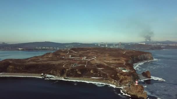 Faro Capo Basargin Baia Del Corno Oro Simbolo Vladivostok Isola — Video Stock