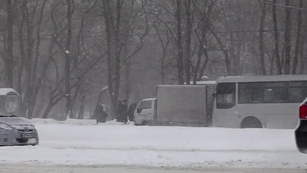 Arabalar Bir Kar Yağışı Sırasında Git Karla Kaplı Şehir Şehir — Stok video